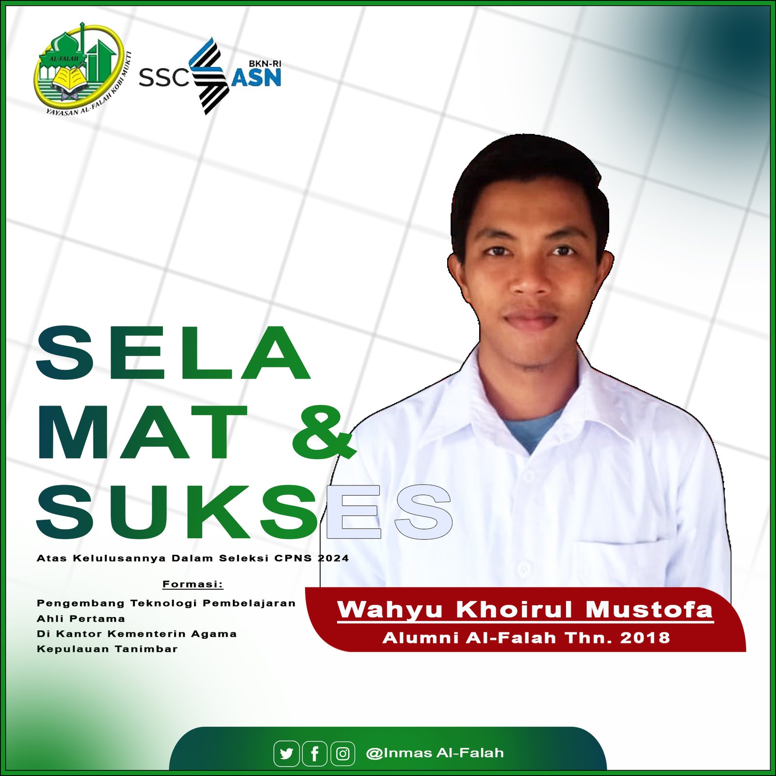 Alumni Hebat Al-Falah Kobimukti, Wahyu Khoirul Mustofa Raih Prestasi Gemilang Lolos Seleksi CPNS Kemenag 2024